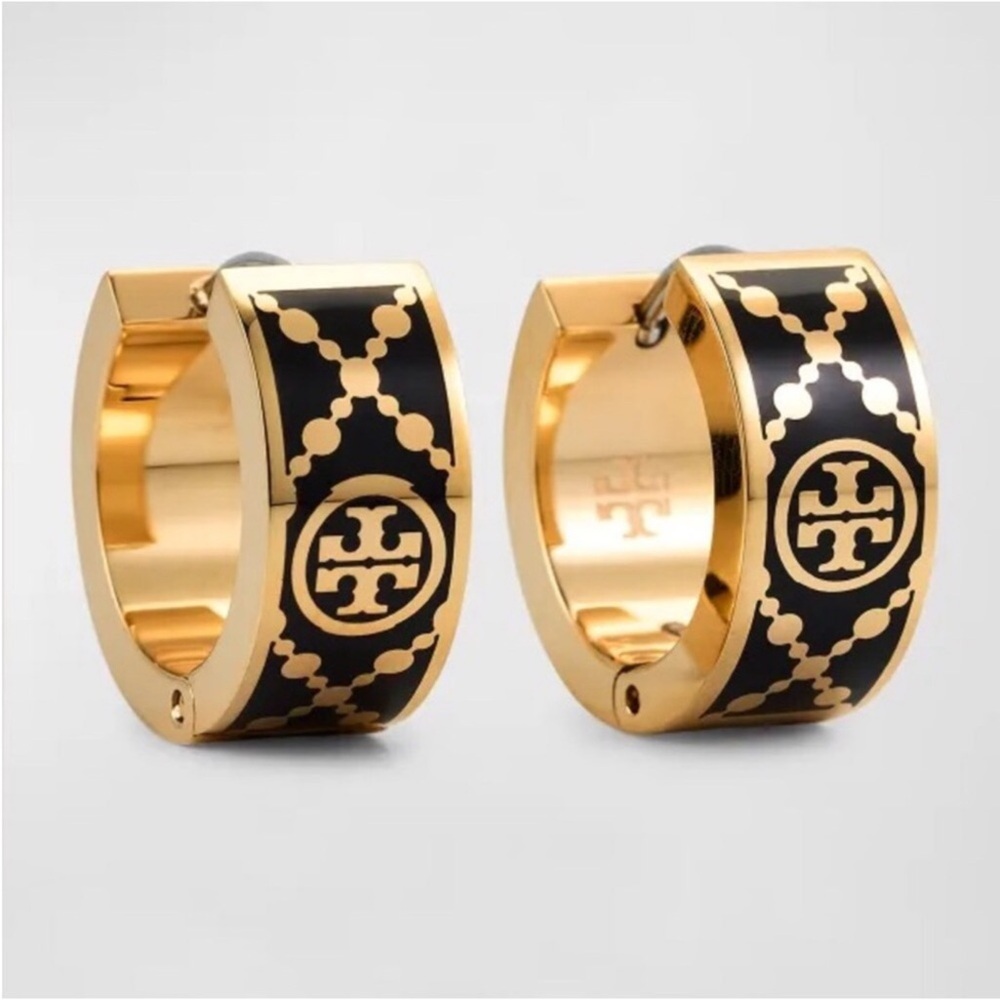 NWOT Tory Burch Black Small T Monogram Hoop Earrings